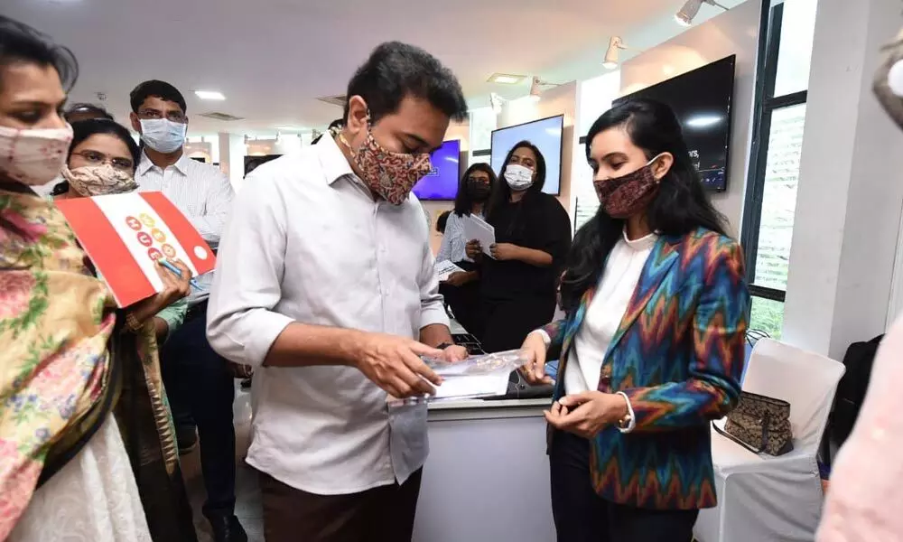 Telangana Minister for MA&UD, IT and Industries K.T. Rama Rao interacting with the women entrepreneurs in Tech show organised by WE-Hub along with the graduation ceremony on Wednesday