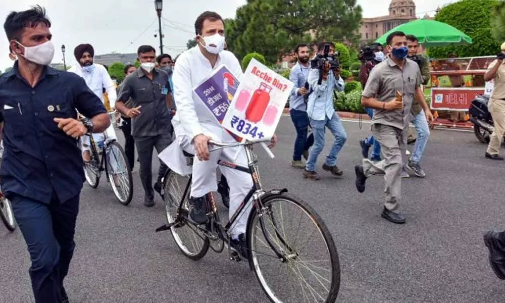 Rahul Gandhi rides bicycle to Parliament to protest fuel hike