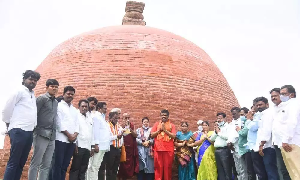 Tourism Minister Muttamsetti Srinivasa Rao inaugurating the restored Buddhist stupa on Tuesday Tourism Minister Muttamsetti Srinivasa Rao inaugurating the restored Buddhist stupa on Tuesday