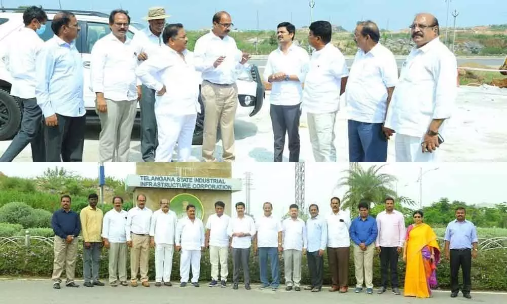 TIF president K Sudhir Reddy explaining about MSME industrial park to AP team at Dandu Malkapur in Yadadri-Bhuvanagiri district. APIIC Chairman M Govind Reddy, APTDC Chairman A Varaprasad Reddy, Tirupati MP M Gurumoorthy and FSME India national president APK Reddy, also seen