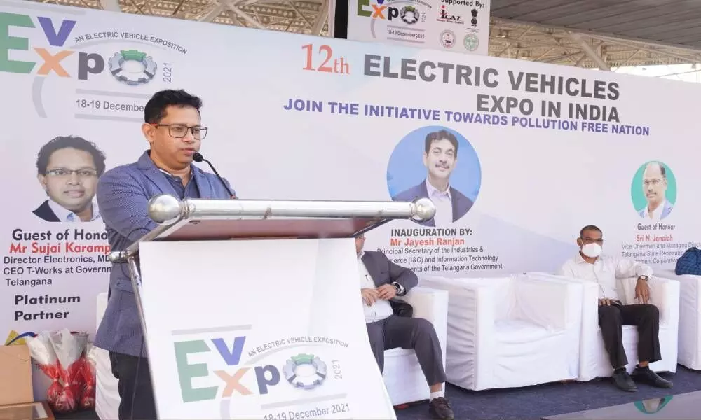 Sujai Karampuri, Director Electronics, MD T-Fiber, CEO T-Works seen addressing the gathering at inauguration of 12th edition of EV Expo at Hitex