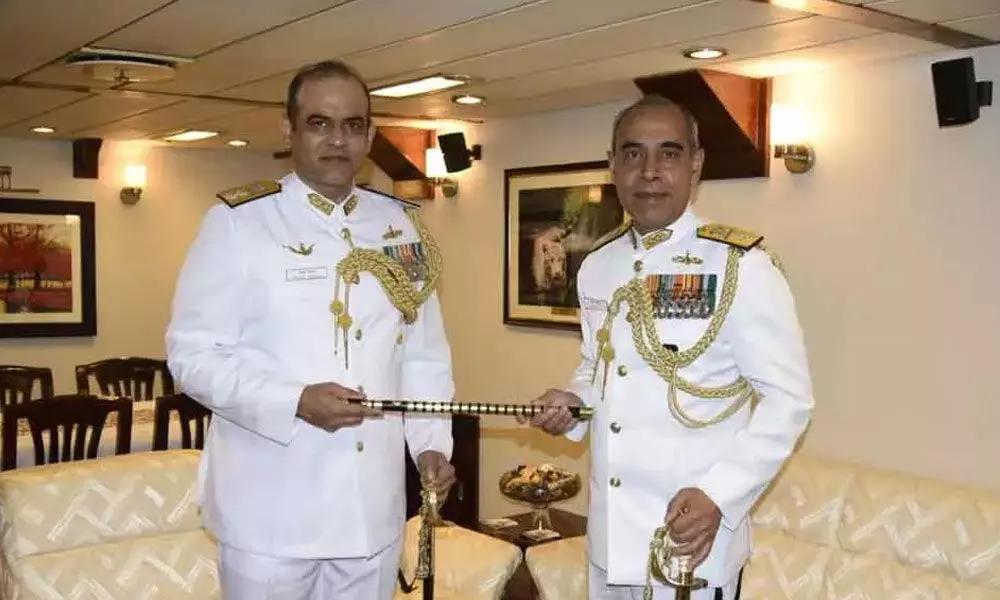 Rear Admiral Sanjay Bhalla (left) taking over as Eastern Fleet Commander from Rear Admiral Tarun Sobti at Naval Dockyard in Visakhapatnam on Monday
