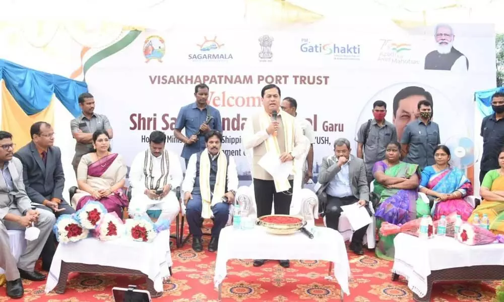 Union Minister for Ports, Shipping and Inland Waterways Sarbananda Sonowal at a programme organised by Visakhapatnam Port on Thursday