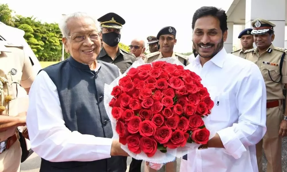 Governor Biswa Bhushan Harichandan being greeted by Chief Minister YS Jagan Mohan Reddy on arrival at Assembly building at Amaravati on Monday
