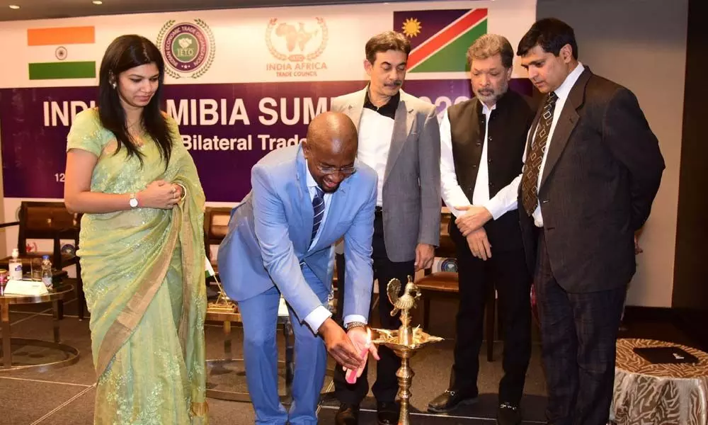 Gabriel Sinimbo, High Commissiner of Namibia to India Jayesh Ranjan, IAS Principal Secretary of the Industries & Commerce (I&C) and Information Technology (IT), Telangana, Tasneem Shariff, Trade Commissioner, Republic of Namibia at the India Namibia Trade Summit held in Hyderabad recently Photo: Srinivas Setty Gabriel Sinimbo, High Commissiner of Namibia to India Jayesh Ranjan, IAS Principal Secretary of the Industries & Commerce (I&C) and Information Technology (IT), Telangana, Tasneem Shariff, Trade Commissioner, Republic of Namibia at the India Namibia Trade Summit held in Hyderabad recently Photo: Srinivas Setty