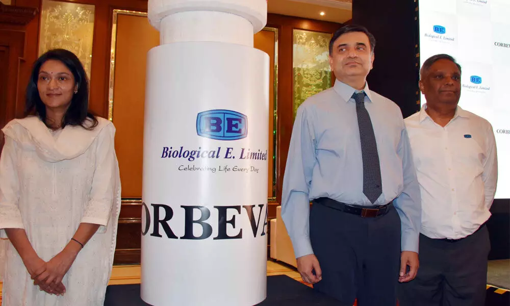 Mahima Datla, Managing Director of Biological E and other officials at the launch of Corbevax in Hyderabad