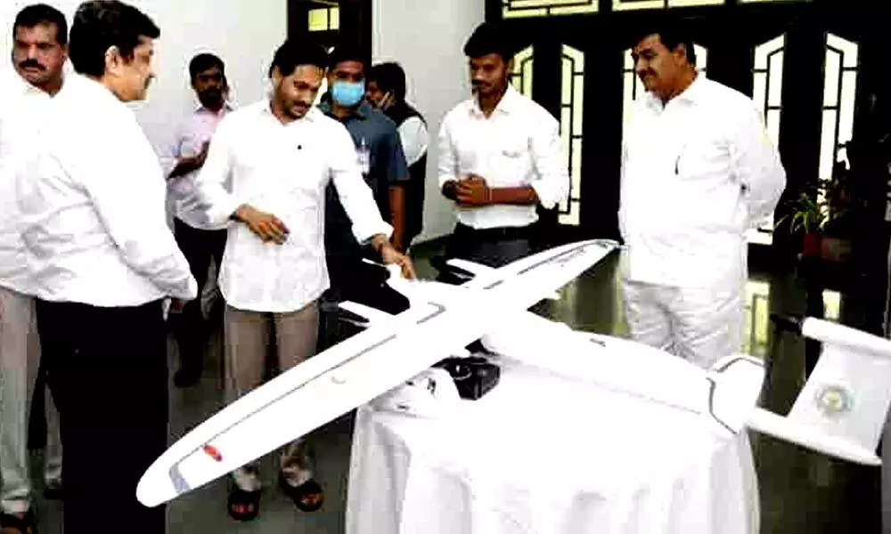 Jagan inspects drones designed for land survey Jagan inspects drones designed for land survey