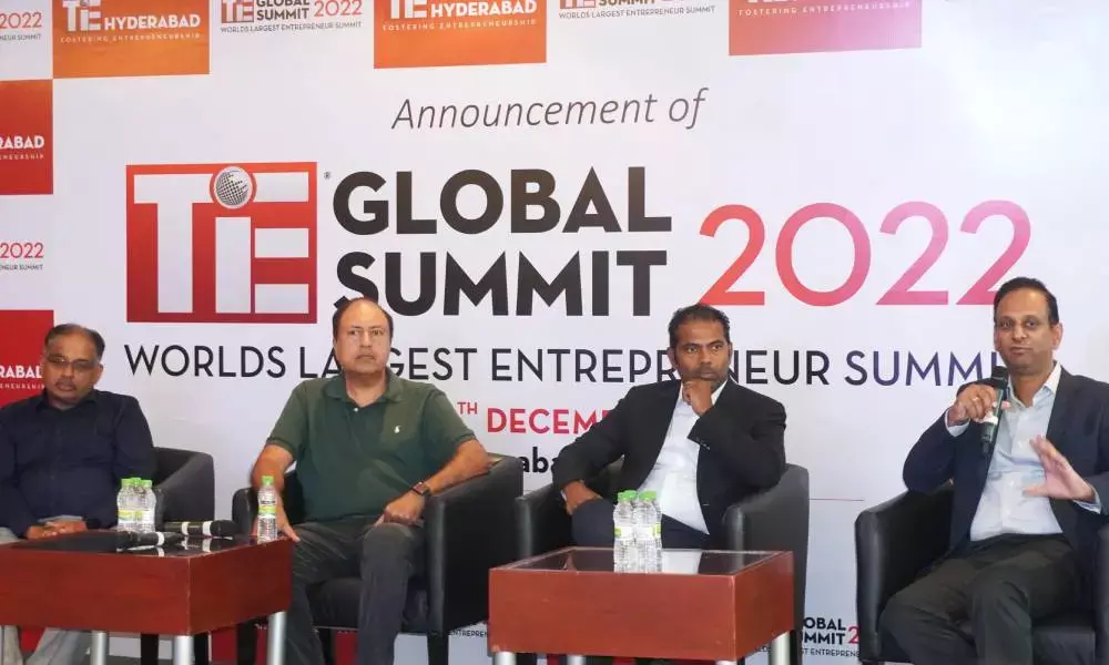 B.J Arun, Murali Bhukkapatnam, Suresh Raju seen addressing the press conference of TiE Global Summit 2022