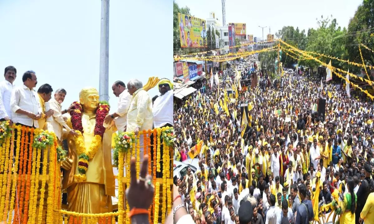TDP national president N. Chandrababu Naidu garlanding statue of party founder NTR on the occasion of his 99th birth centenary at Ongole on Saturday