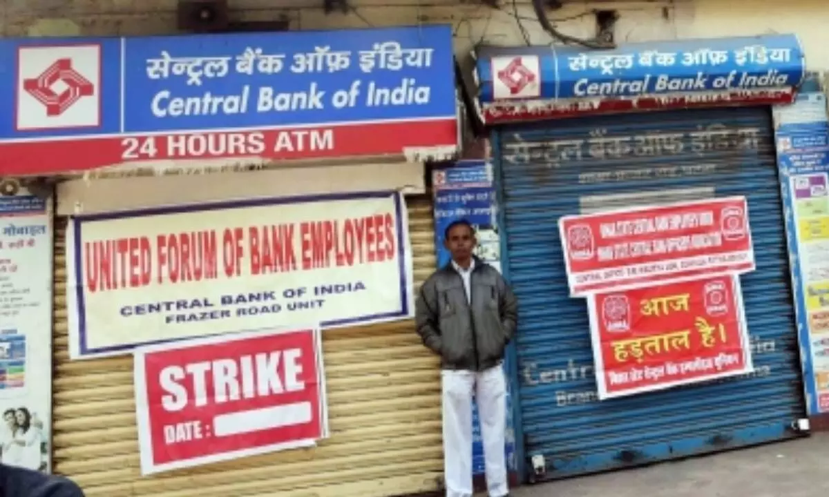 Central Bank of India staff on strike protesting against vindictive mass transfers