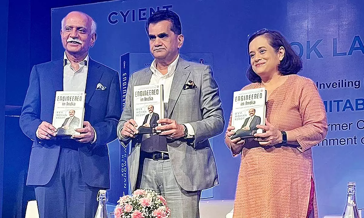(From left) Dr BVR Mohan Reddy, Founder-Chairman, Cyient; Amitabh Kant, G20 Sherpa & former CEO, Niti Aayog; Debjani Ghosh, President, Nasscom launching the book in New Delhi
