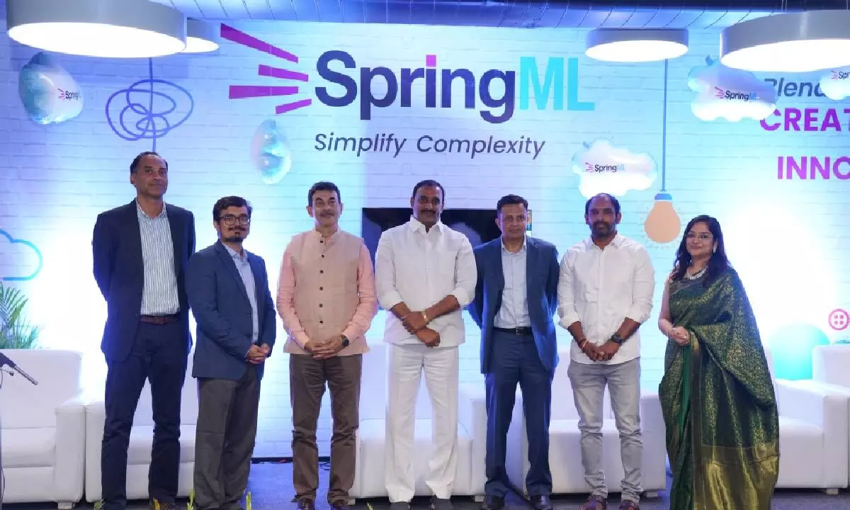 (L-R) Girish Reddy, co-founder, SpringML; Amit Deshpande, Sr Vice President (IDC) SpringML; Jayesh Ranjan, Special Chief Secretary of I&C and IT, department of Telangana; Arekapudi Gandhi, MLA, Serilingampally constituency; Muthu Kumaran, Operating Partner, SpringML, Gangadhar Reddy, GHMC Corporator, Gachibowli Division at the office launch in Hyderabad