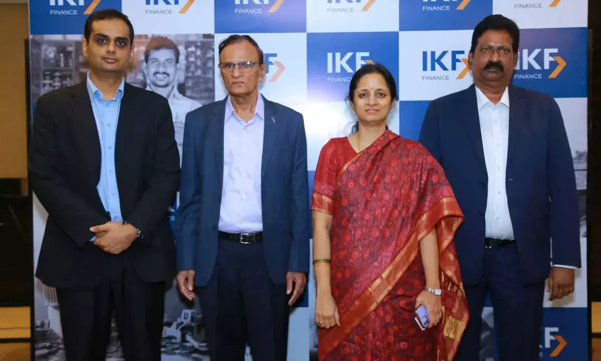 (L-R) Vinit Mehta, Director of MO Alts; VGK Prasad, Founder & Chairman of IKF Group; K Vasumathi Devi, MD of IKF Finance and Rama Raju, CEO of the company at the announcement in Hyderabad