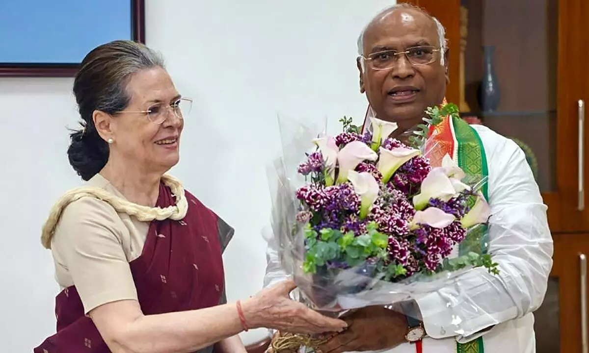 Congress leader Sonia Gandhi with newly elected Congress president Mallikarjun Kharge, in New Delhi on Wednesday