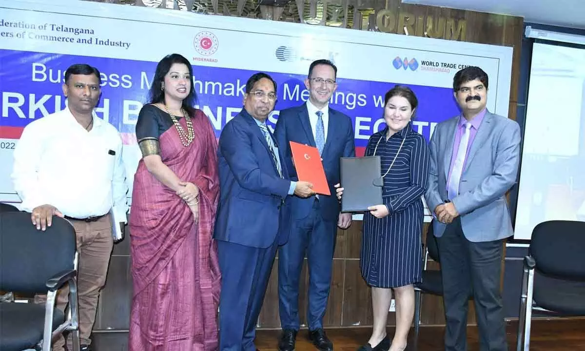 FTCCI and Foreign Economic Relations Board of Turkey officials with the signed MoU in Hyderabad