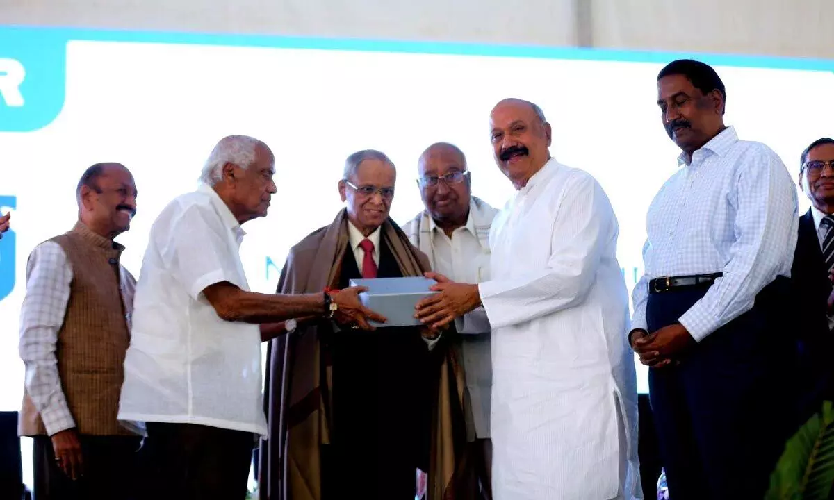 N R Narayana Murthy, founder, Infosys facilitated during the silver jubilee celebrations of GMRIT at Rajam, Vijainagaram district, Andhra Pradesh