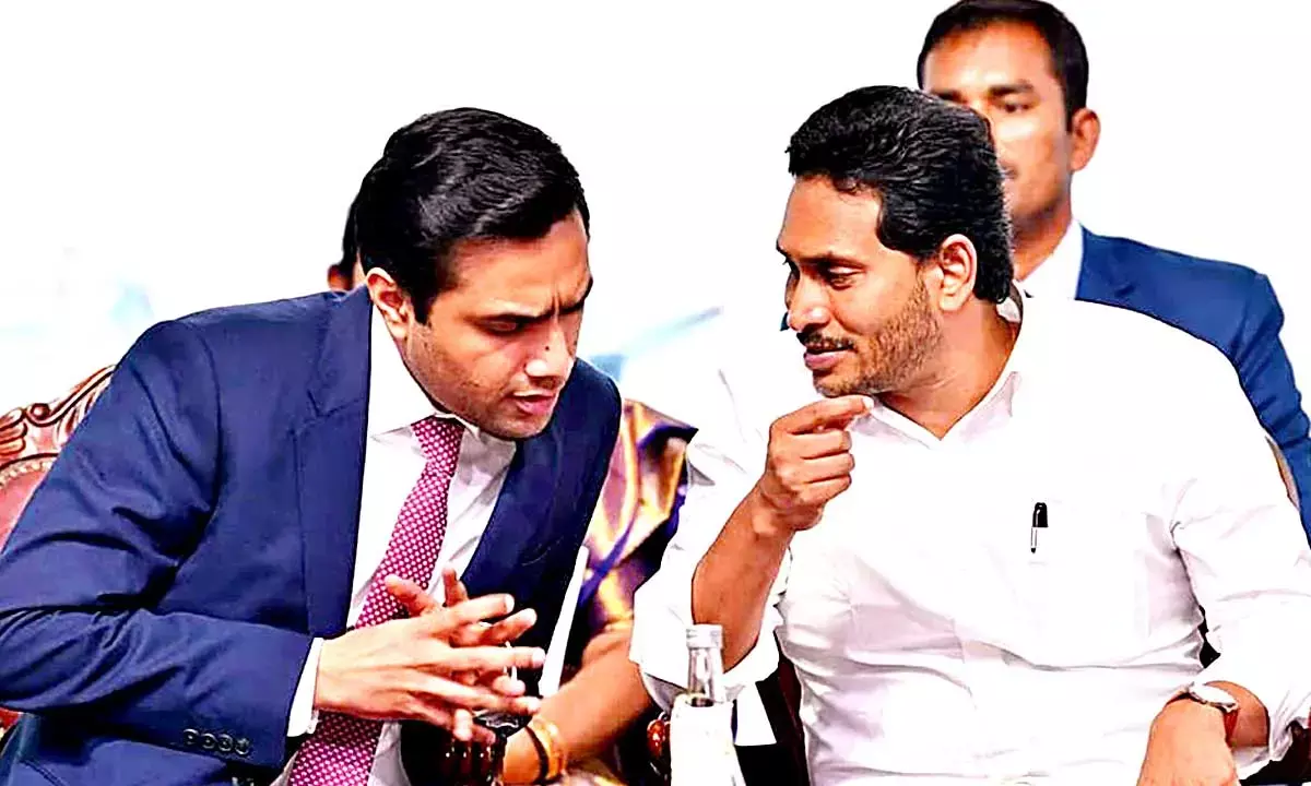 (L-R) Karan Adani, CEO, APSEZ interacting with AP CM Jagan Mohan Reddy at  GIS 2023 in Visakhapatnam on friday