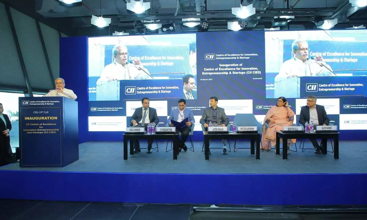 Infosys co-founder Kris Gopalakrishnan speaking at the launch of CIES in Hyderabad on Thursday. Jayesh Ranjan, IT secretary, and Suchitra Ella, CII Southern Region & Co-Founder & MD of Bharat Biotech were also present