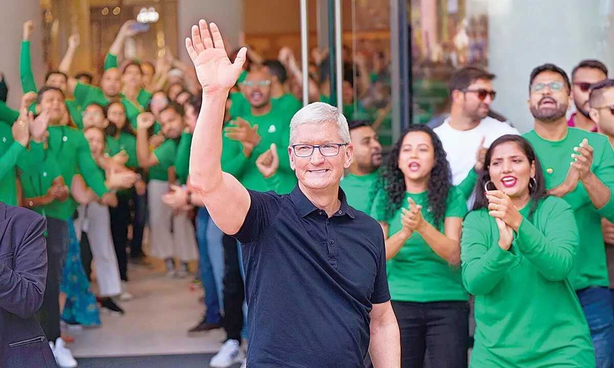 Apple CEO Tim Cook greeting visitors during the opening of Indias first Apple retail store at  Bandra Kurla Complex in Mumbai on Tuesday