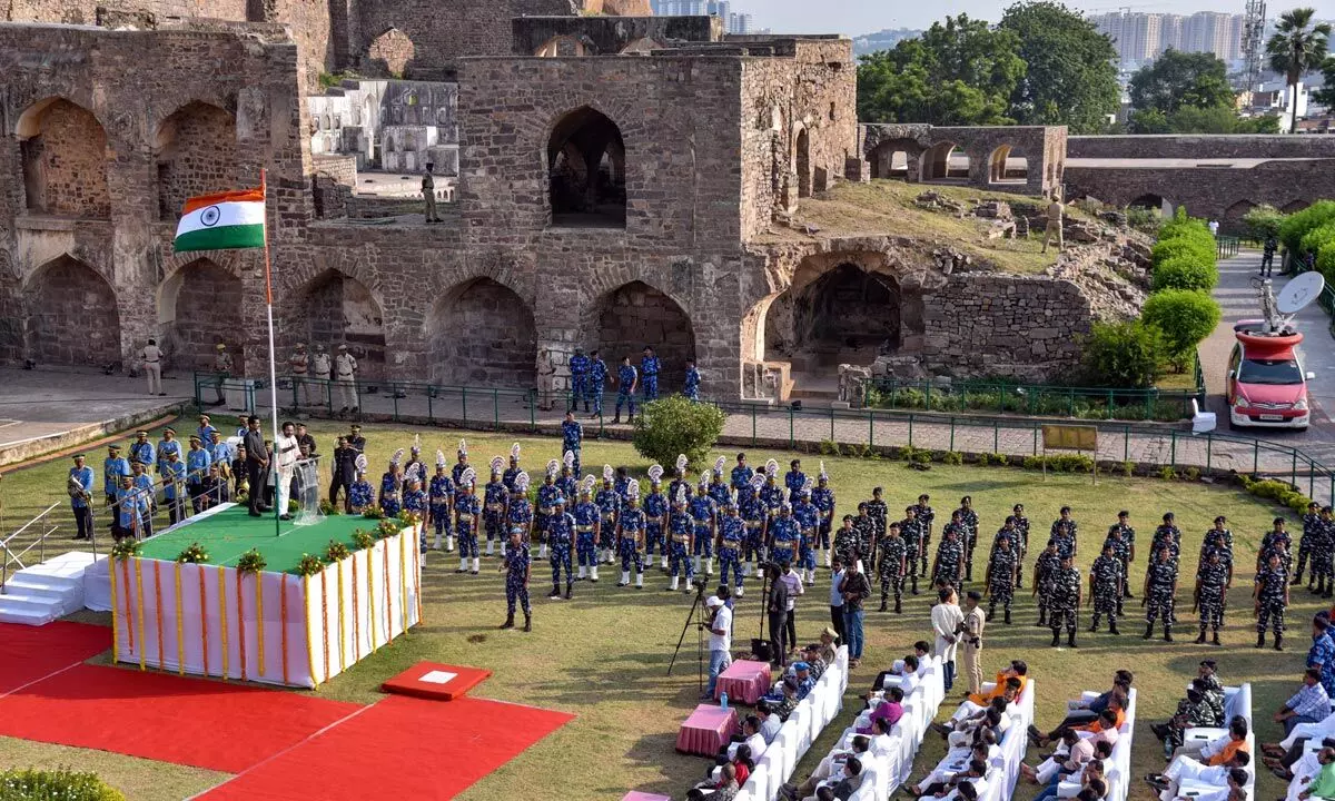 Union Minister G Kishan Reddy addressing an event on the occasion of Telangana Formation Day, at Golconda Fort in Hyderabad on Friday