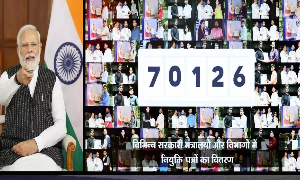 Prime Minister Narendra Modi during an event to distribute about 70,000 appointment letters to newly inducted recruits via video conferencing, in New Delhi onTuesday