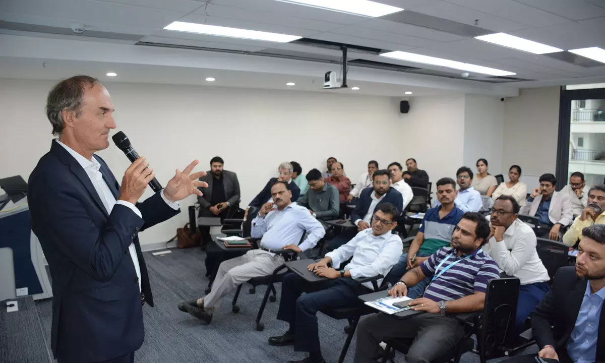 Matthieu Lebeurre interacting with entrepreneurs during the session in Hyderabad on Tuesday