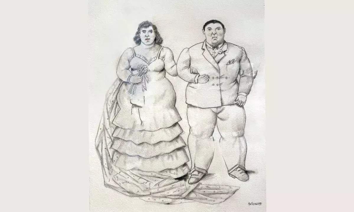 ‘Couple’ by Fernando Botero, pencil and watercolour on paper, 2009. Estimate: Rs 64.4 lakh – Rs 74.7 lakh. Credit: AstaGuru