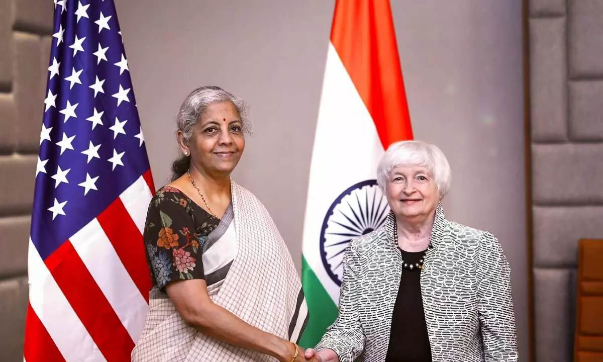 Union Finance Minister Nirmala Sitharaman meets with United States Treasury Secretary Janet Yellen on the sidelines of the 3rd G20 Finance Ministers and Central Bank Governors meeting in Gandhinagar on Monday