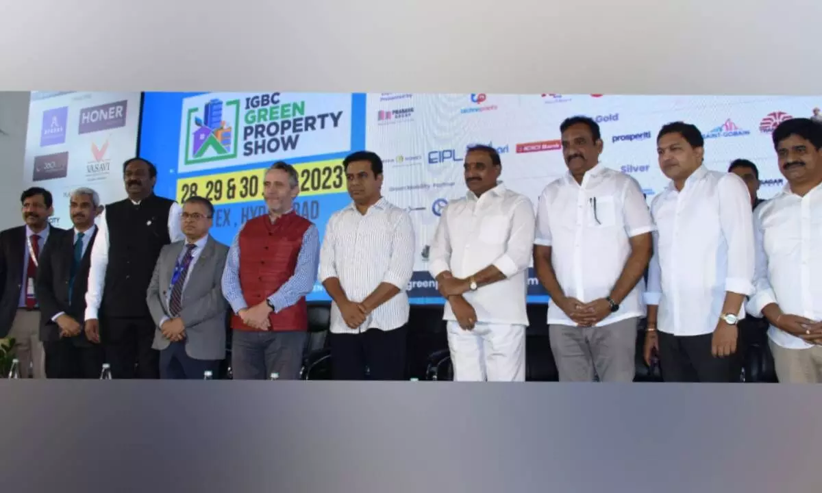 Telangana IT& Industries Minister KT Ramarao along with Serilingampally MLA Arekapudi Gandhi; C Shekar Reddy, Chairman of CII Telangana & IGBC, Hyderabad Chapter; G Srinivasa Murthy, Co-Chairman, IGBC Hyderabad Chapter; KS Venkatagiri, Executive Director, IGBC; M Anand, Deputy Executive Director, IGBC at the first edition of IGBC Green Property Show in Hyderabad on Friday