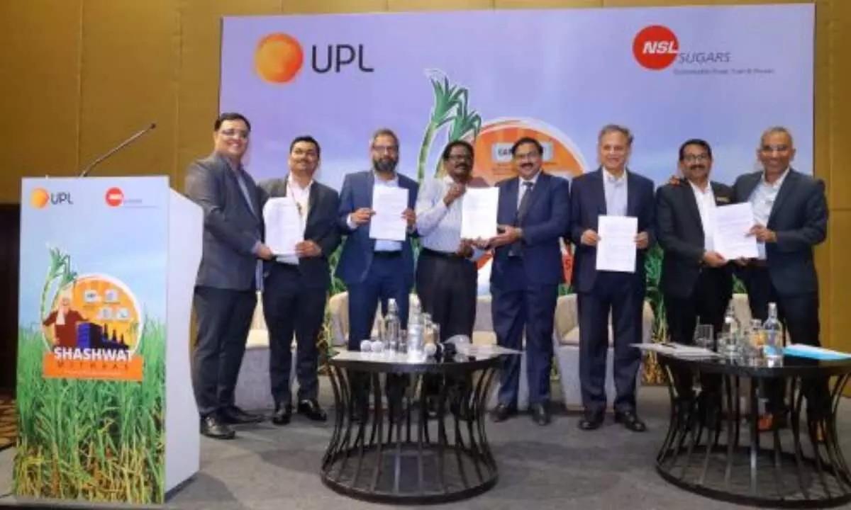 Officials of UPL Sustainable Agriculture Solutions Ltd and NSL Sugars Limited with the signed MoU in Hyderabad on Friday