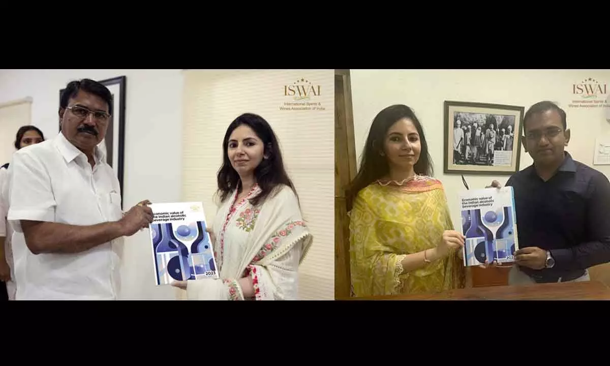 Devika Rawal on behalf of ISWAI presenting the industry-first report to Singireddy Niranjan Reddy (L), Telangana Minister for Agriculture and, Md Musharraf Ali Faruqui (R), Director, TS Excise, in Hyderabad on Thursday