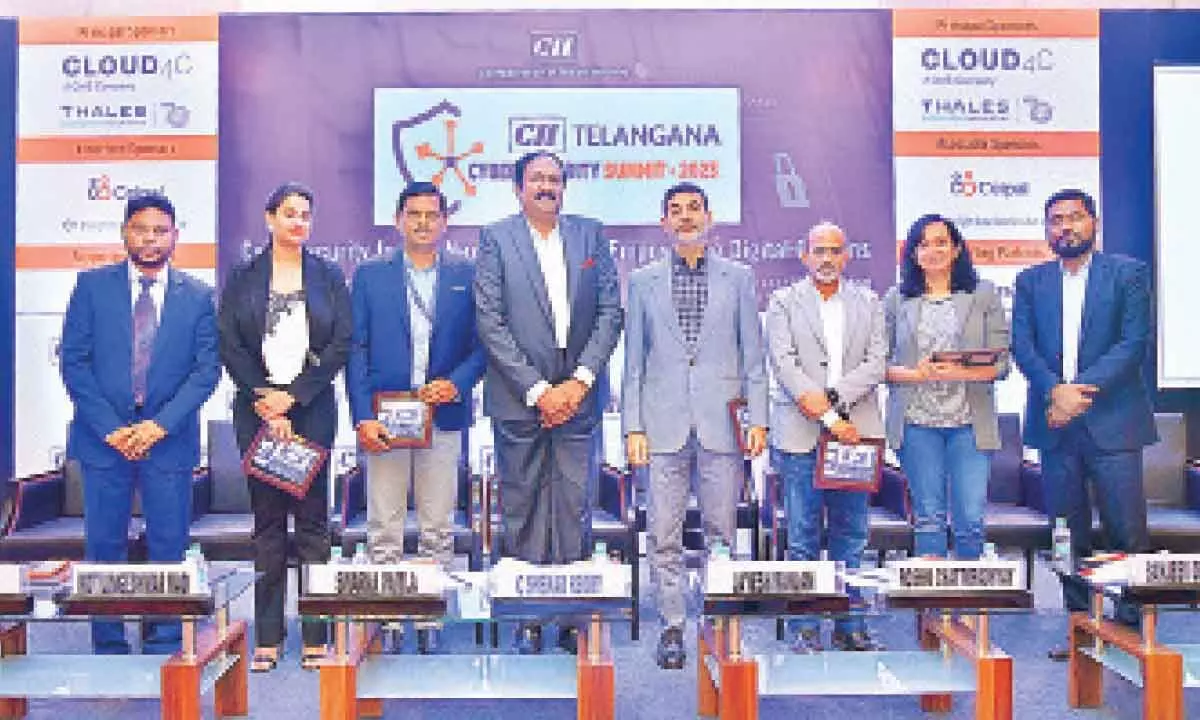 T’gana IT Principal Secy Dr Jayesh Ranjan (C) at CII Summit in Hyd on Friday. Also seen are CII members and the speakers