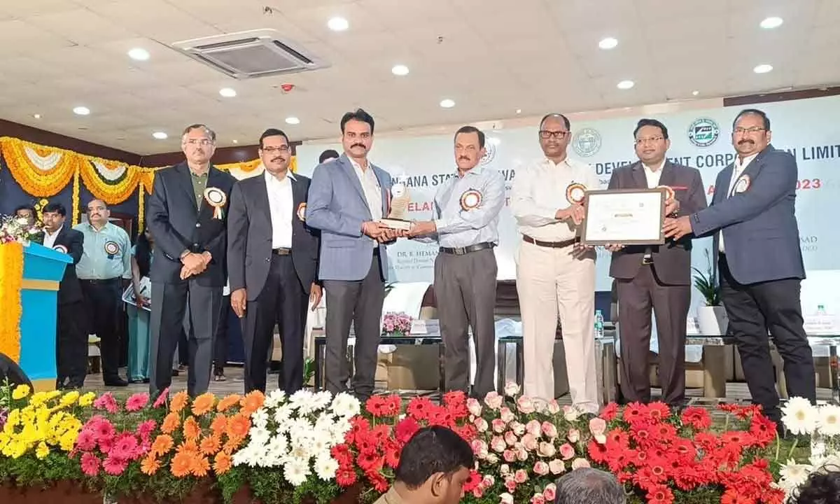 Bangaru Babu Bhagavatula, GM, Project’s, and Chelluri Venkateswara Rao, AGM, Electrical, Granules India Limited receiving the award, in Hyderabad on Wednesday