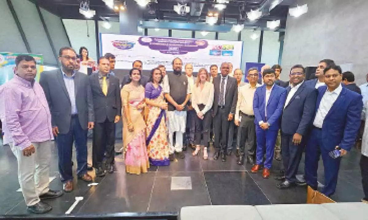 Telangana Irrigation and Civil Supplies Minister Capt N Uttam Kumar Reddy with the members of CII Telangana and American Telugu Association at T-Hub on Thursday