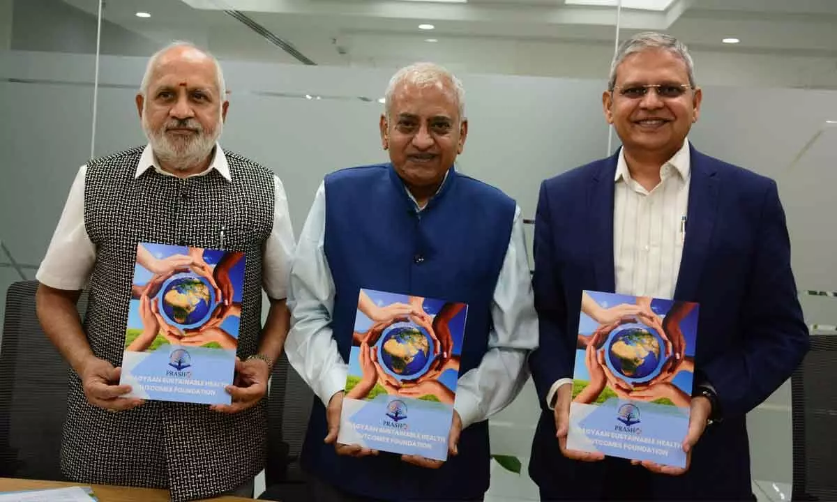 (From left) Govind Hari, Chairman, Prof G V S Murthy, president and Ranga Reddy Burri, Vice Chairman, PRASHO, during the announcement of the launch in Hyderabad on Thursday