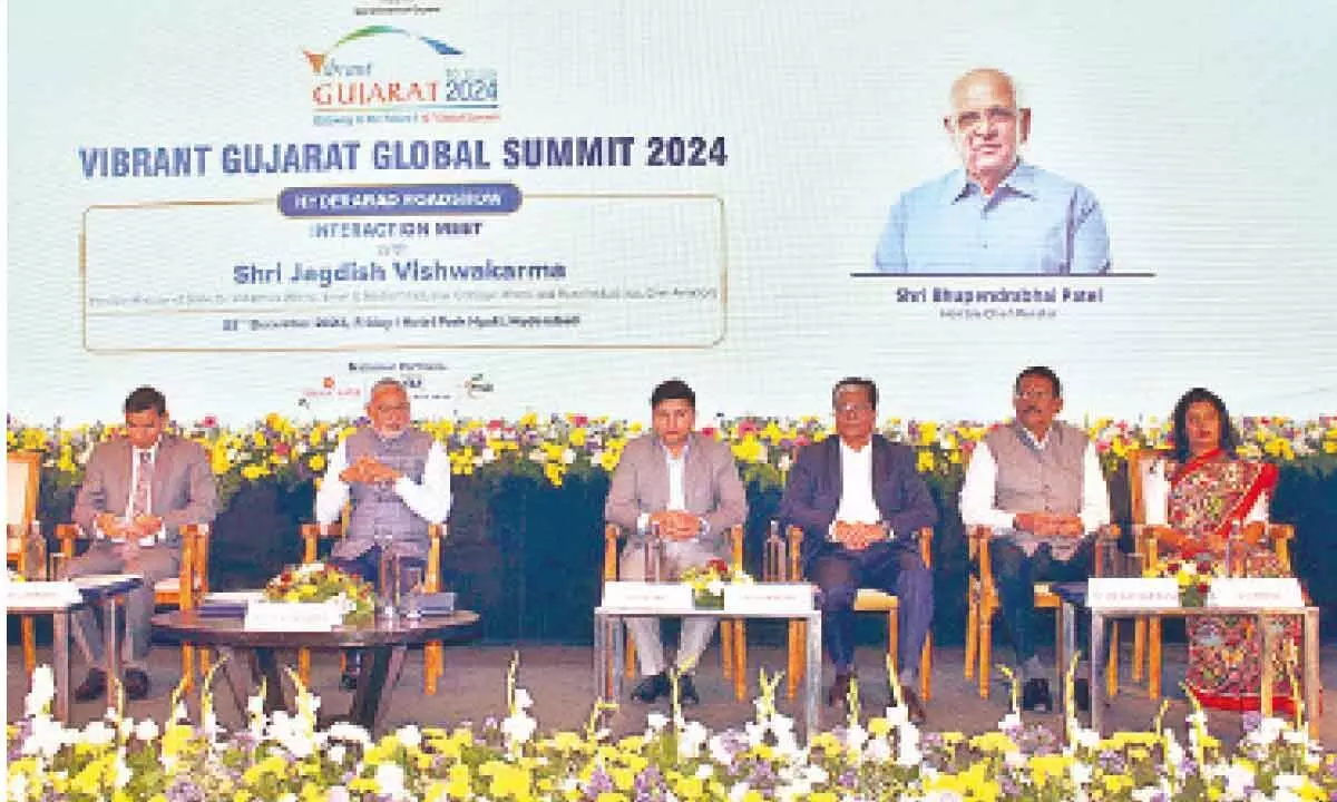 (2nd from left) Jagdish Vishwakarma, Gujarat Minister for MSME along with other delegates at the roadshow held in Hyderabad on Friday