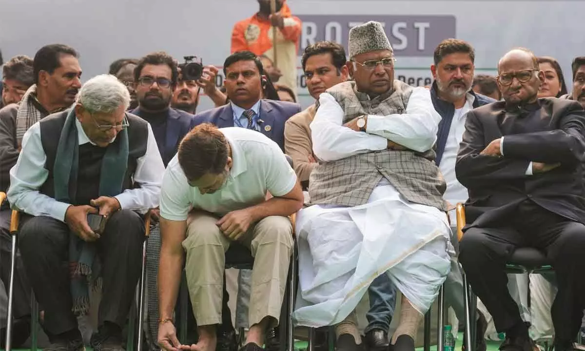 Congress President Mallikarjun Kharge with party leader Rahul Gandhi, and other leaders during a protest of Indian National Developmental Inclusive Alliance (INDIA) at Jantar Mantar, in New Delhi on Friday