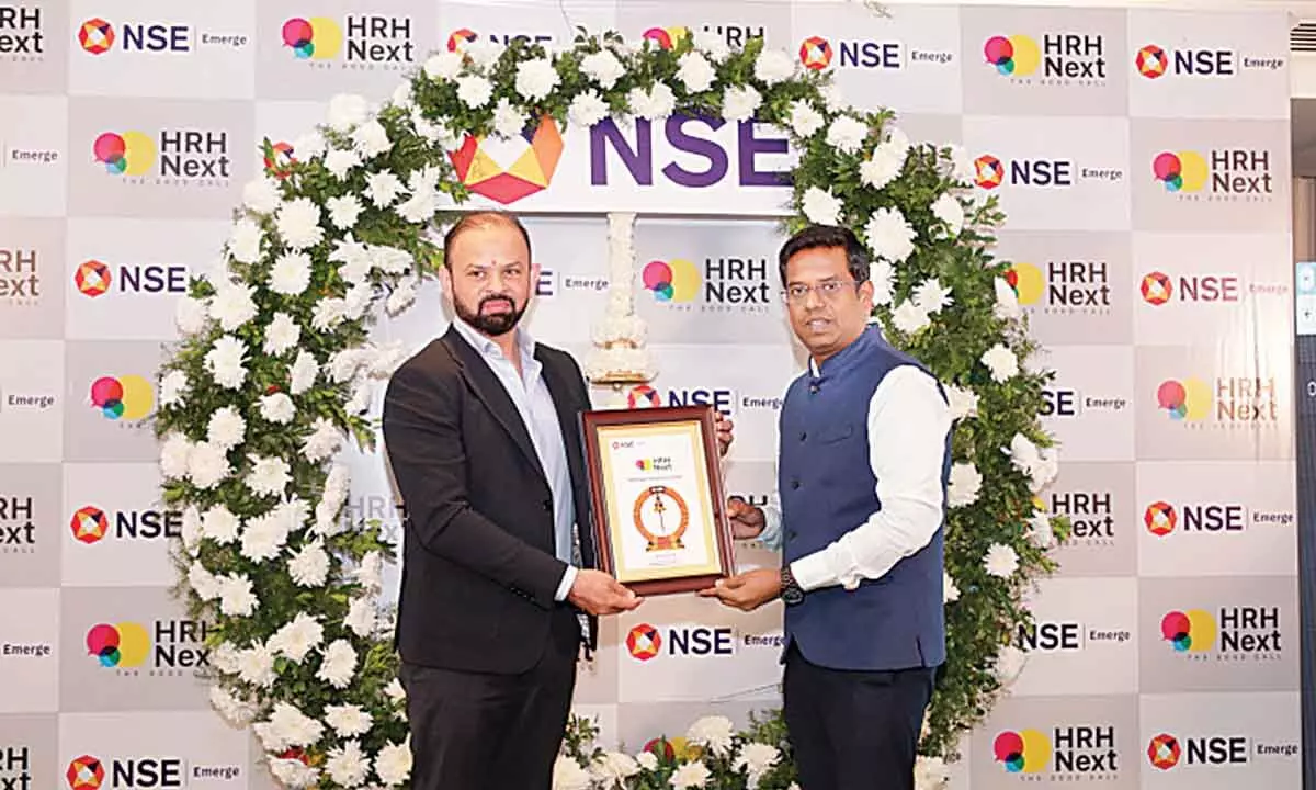 (From left) Ankit Shah, MD, HRH Next Services Ltd receiving listing certificate from NSE Representative R Senthilmurugan