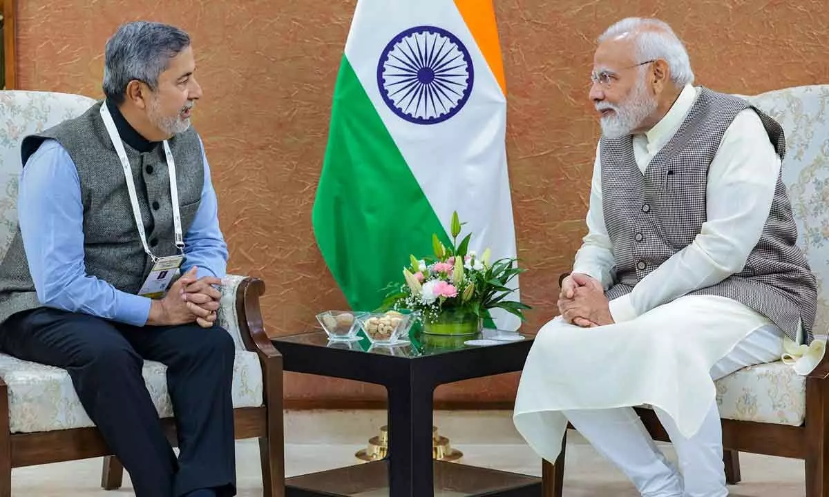 Prime Minister Narendra Modi in a meeting with Micron Technology CEO Sanjay Mehrotra, in Gandhinagar on Tuesday. Micron began construction of $2.75-bn semiconductor factory at Sanand industrial estate in Gujarat