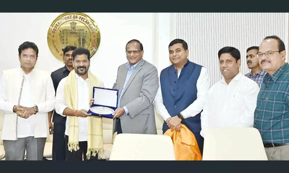 Godrej Agrovet Managing Director BaIram Singh Yadav presenting a memento to Telangana Chief Minister A Revanth Reddy on Tuesday. Telangana IT and Industries Minister D Sridhar Babu and others also present