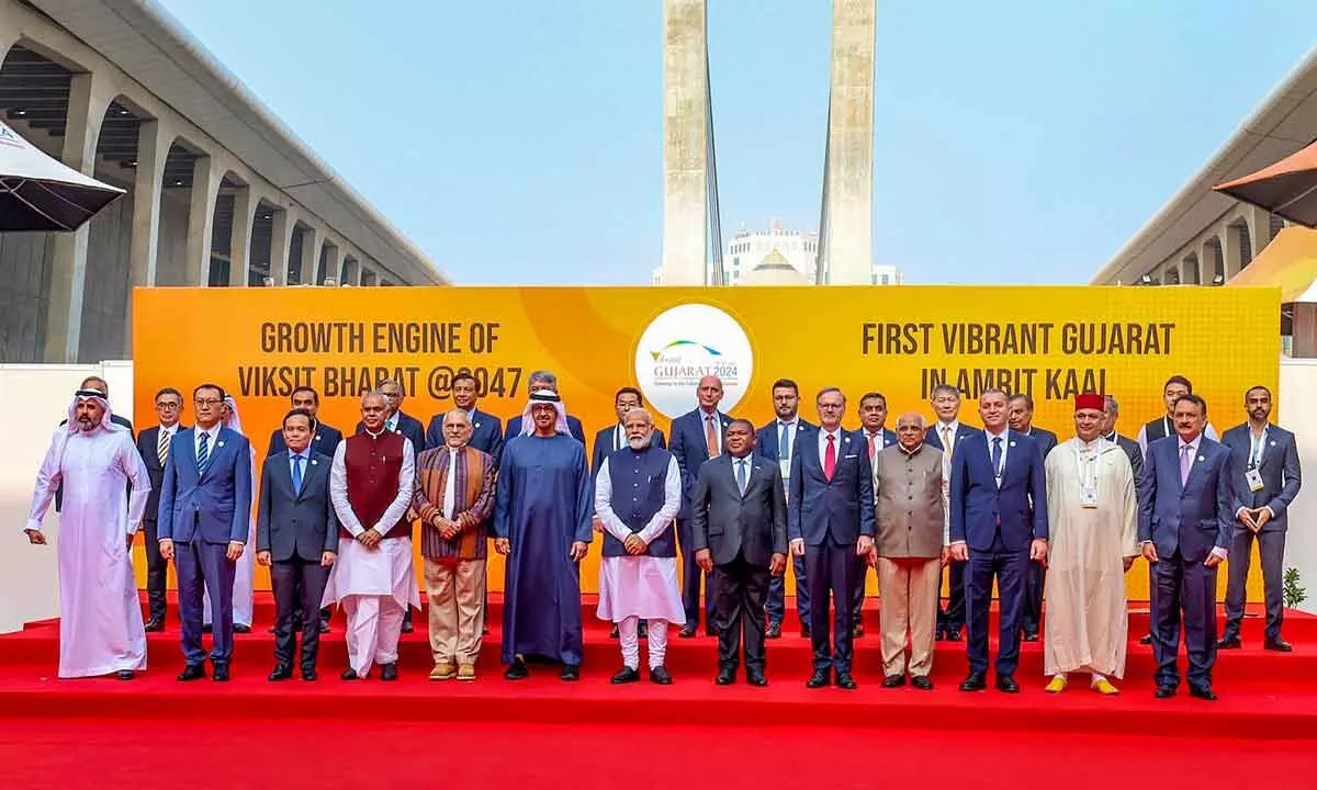 Prime Minister Narendra Modi, UAE President Mohamed bin Zayed Al Nahyan, Prime Minister of the Czech Republic Petr Fiala, Mozambique President Filipe Jacinto Nyusi, President of Timor-Leste Jose Ramos-Horta, Gujarat Governor Acharya Devvrat and CM Bhupendra Patel and others at the Vibrant Gujarat Global Summit 2024, in Gandhinagar on Wednesday