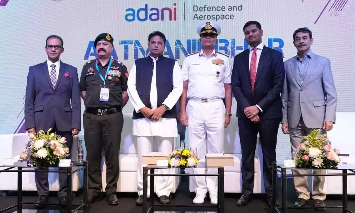 Admiral R Hari Kumar, Chief of the Naval Staff, Telangana Industries Minister D Sridhar Babu, and Jeet Adani, VP of Adani Enterprises, joined other distinguished guests at the UAV flag-off ceremony by Adani Defence in Hyderabad on Wednesday