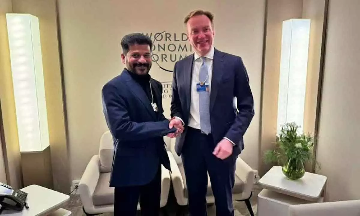 Telangana Chief Minister A Revanth Reddy with World Economic Forum president Borge Brende at Davos, Siwtzerland, on Tuesday