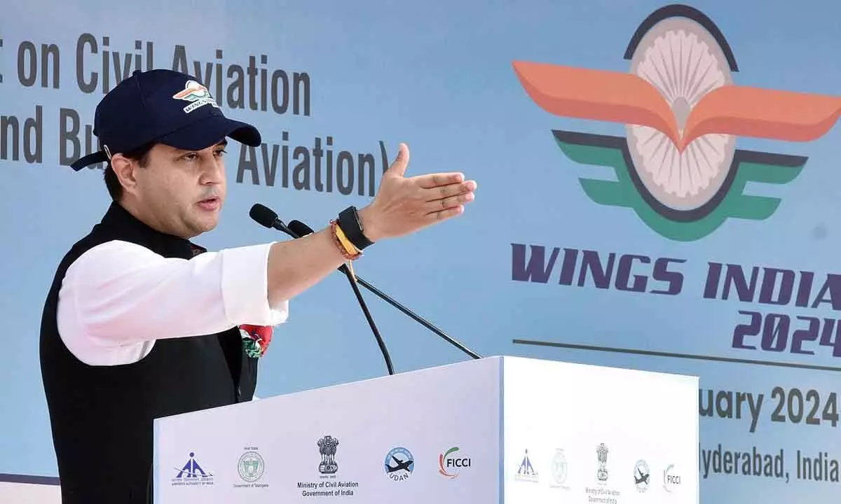 Civil Aviation Minister Jyotiraditya Scindia addressing the  gathering after inaugurating Wings India-2024 at Begumpet airport in Hyderabad on Thursday Photo: Adula Krishna