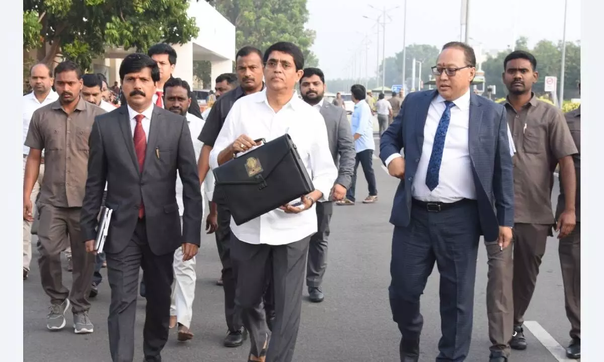 AP Finance Minister Buggana Rajendranath before presenting Budget for 2024-25 at Velagapudi near Vijayawada on Wednesday