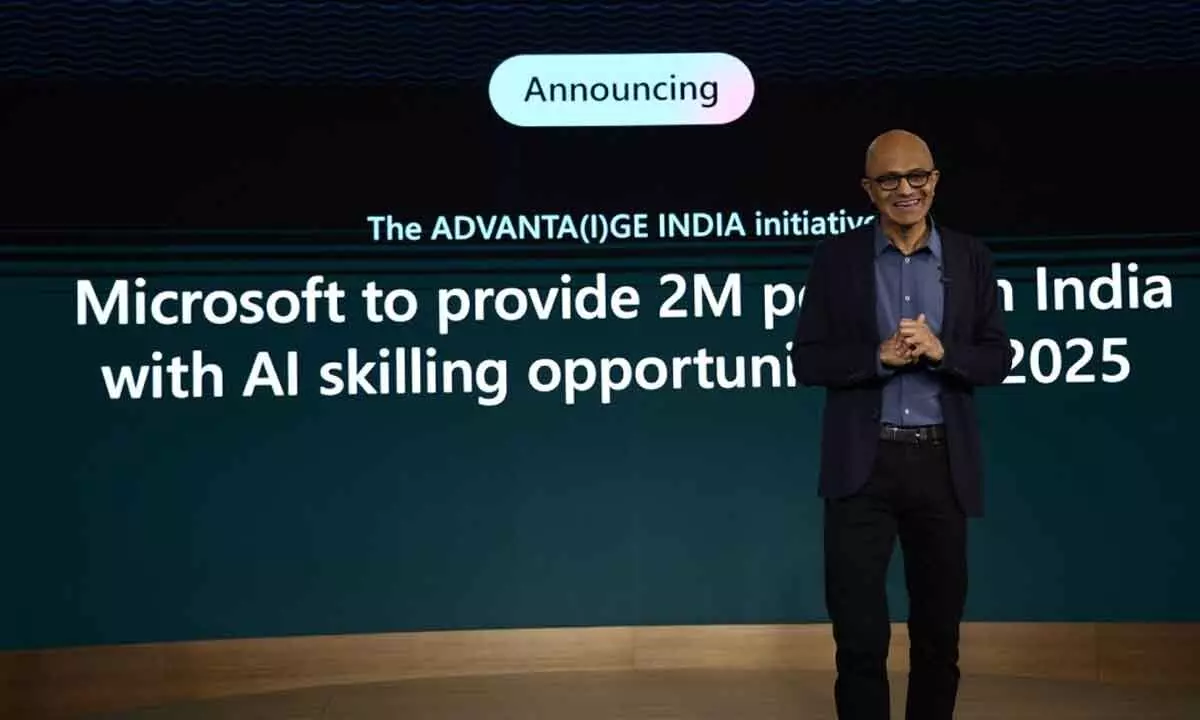 Satya Nadella, who’s on a 2-day visit to India, addressing the audience comprising of business leaders from consultancies, legal firms and IT firms, in Mumbai on Wednesday