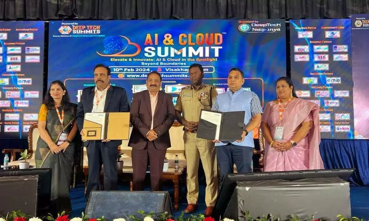 MoU signed between AP Innovation Society and DeepTech Naipunya Foundation being displayed at AI and Cloud Summit in Visakhapatnam