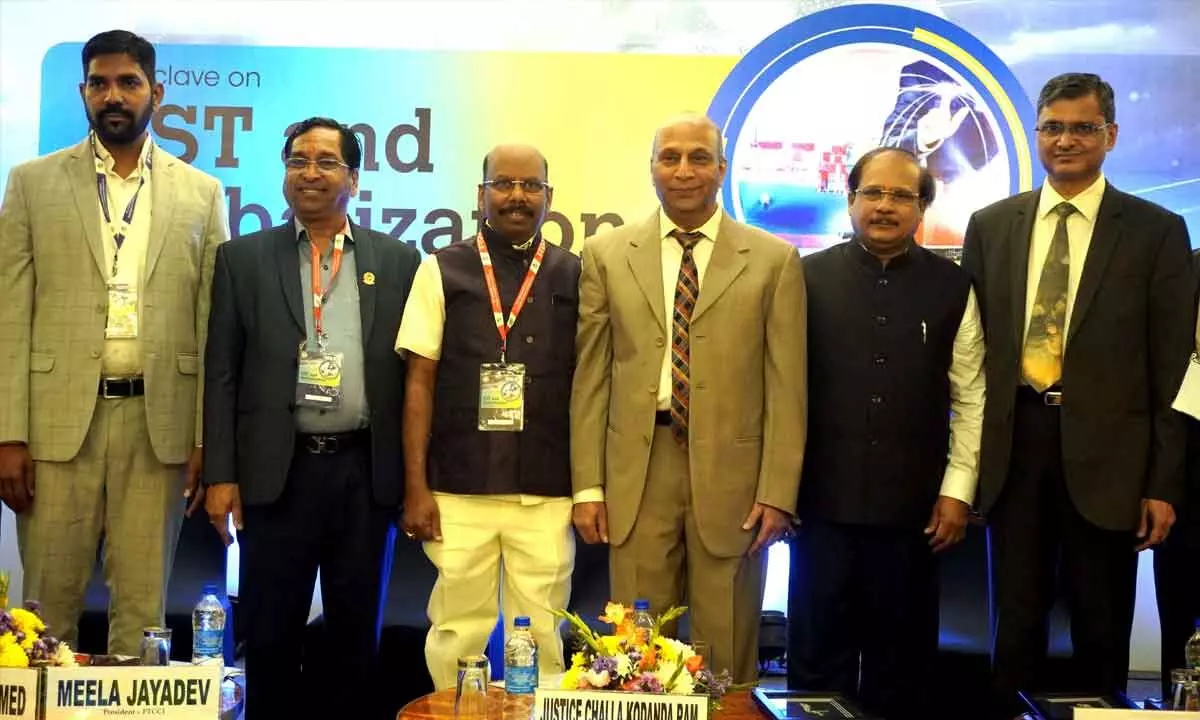 M Srinivas Mandalika, retd Principal Chief Commissioner, CST – GST, and Justice Challa Kodandaram, retd High Court Judge, along side FTCCI members during the inauguration of the conclave in Hyderabad