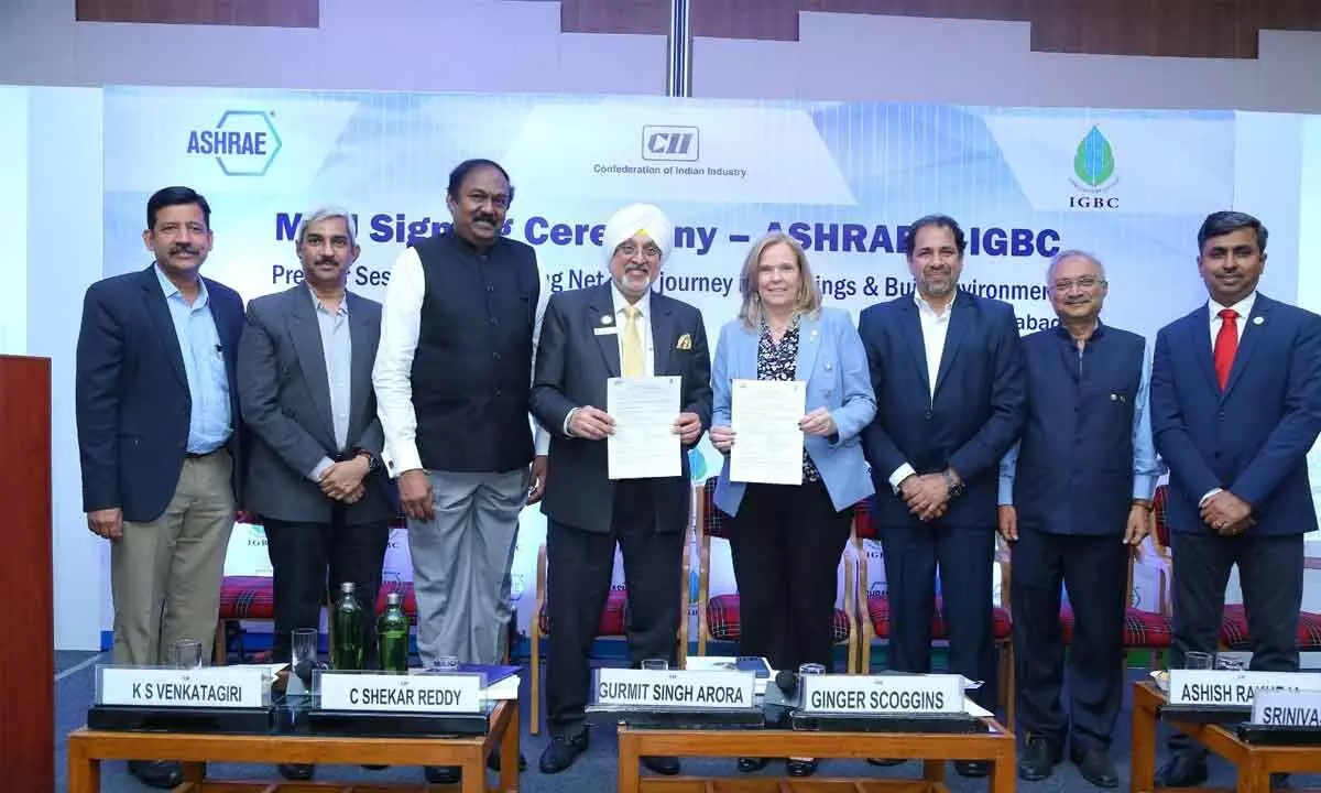 Gurmit Singh Arora, National Chairman of CII – IGBC and Ginger Scoggins, president, ASHRAE with MoU, also seen are IGBC and ASHRAE members in Hyderabad on Tuesday