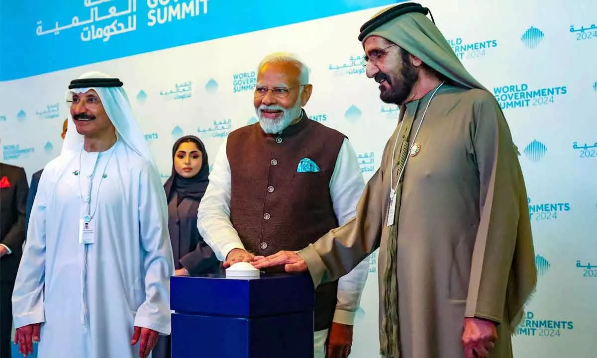 Prime Minister Narendra Modi along with Sheikh Mohammed bin Rashid Al Maktoum, Vice President and Prime Minister of the UAE and Ruler of Dubai, inaugurates ‘Bharat Mart’, a warehousing facility in Dubai on Wednesday